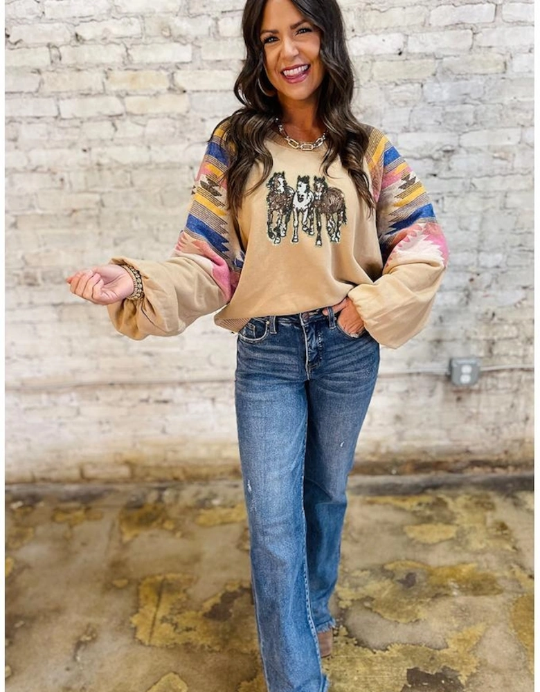 Light French Beige Sequined Western Horses Graphic Aztec Bubble Sleeve Western Fashion Sweatshirt