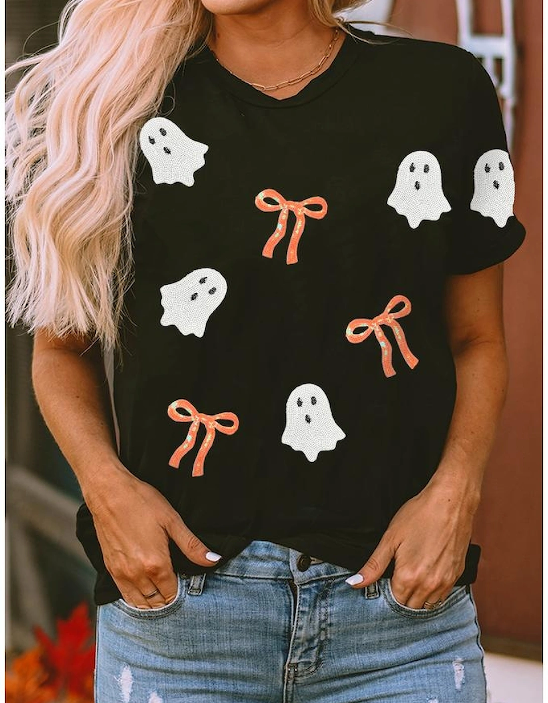 Black Sequin Bow Ghost Patched Halloween Graphic Tee