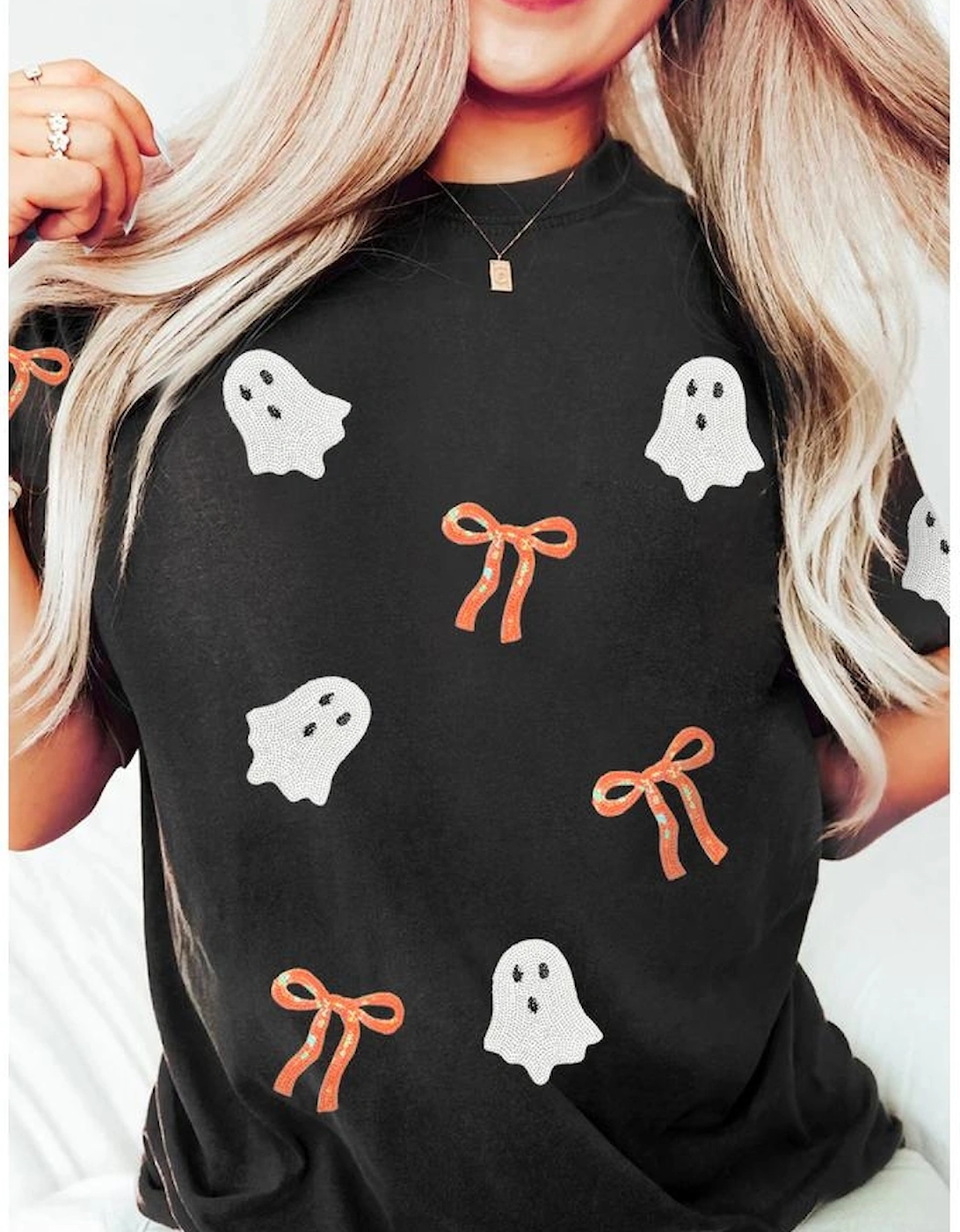 Black Sequin Bow Ghost Patched Halloween Graphic Tee