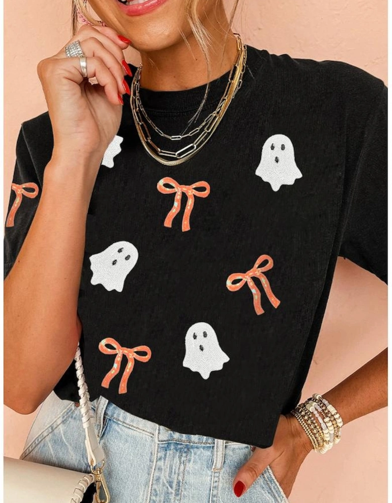 Black Sequin Bow Ghost Patched Halloween Graphic Tee
