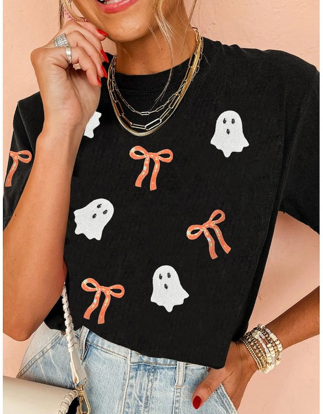 Black Sequin Bow Ghost Patched Halloween Graphic Tee, 7 of 6