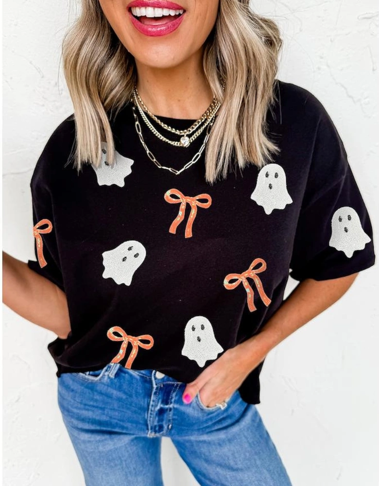 Black Sequin Bow Ghost Patched Halloween Graphic Tee