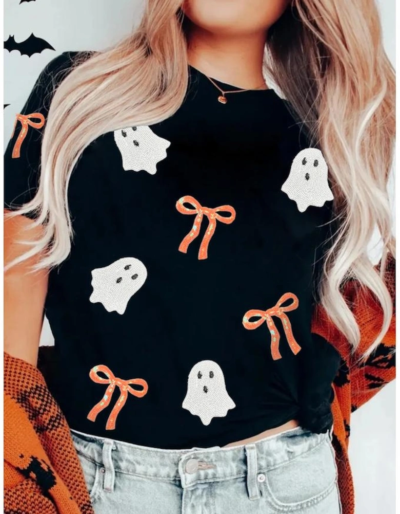 Black Sequin Bow Ghost Patched Halloween Graphic Tee
