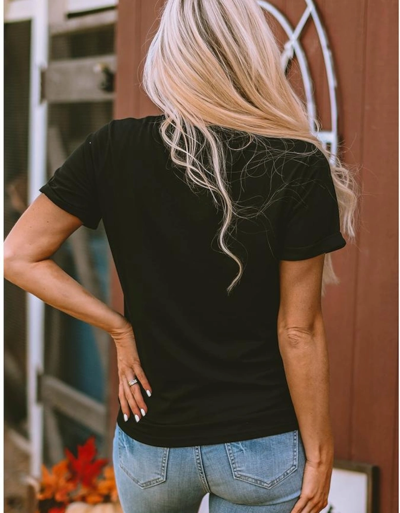 Black Sequin Bow Ghost Patched Halloween Graphic Tee