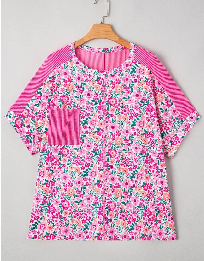 Pink Plus Size Floral Print Corded Patchwork Loose Top