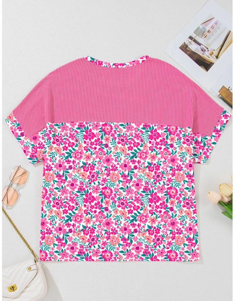 Pink Plus Size Floral Print Corded Patchwork Loose Top