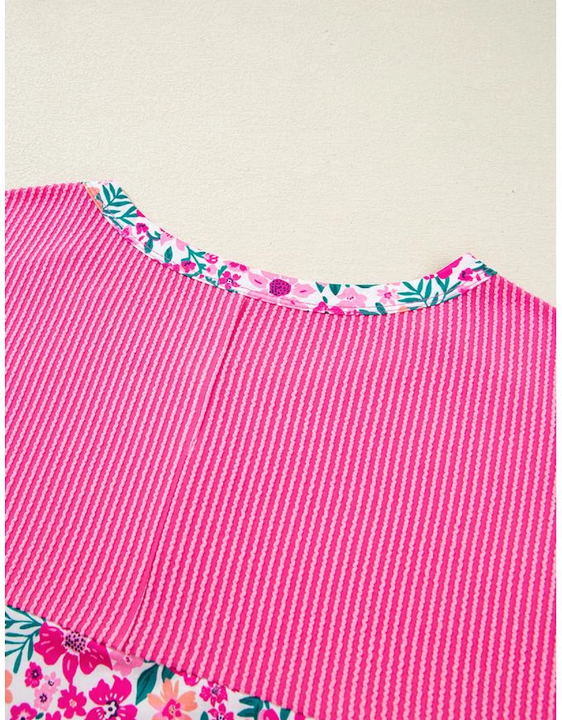 Pink Plus Size Floral Print Corded Patchwork Loose Top