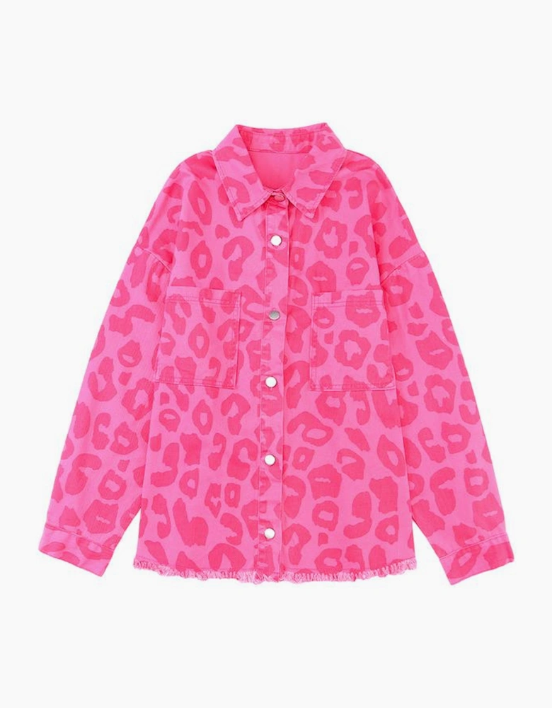 Pink Leopard Print Button Cuffs Raw Hem Jacket