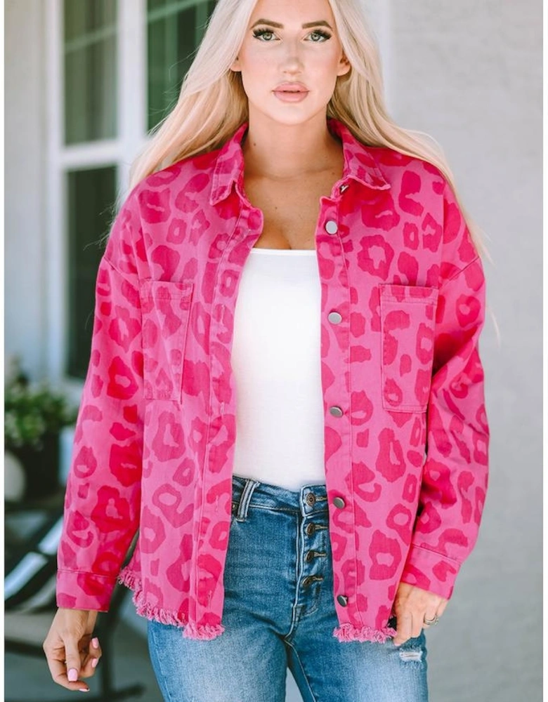 Pink Leopard Print Button Cuffs Raw Hem Jacket