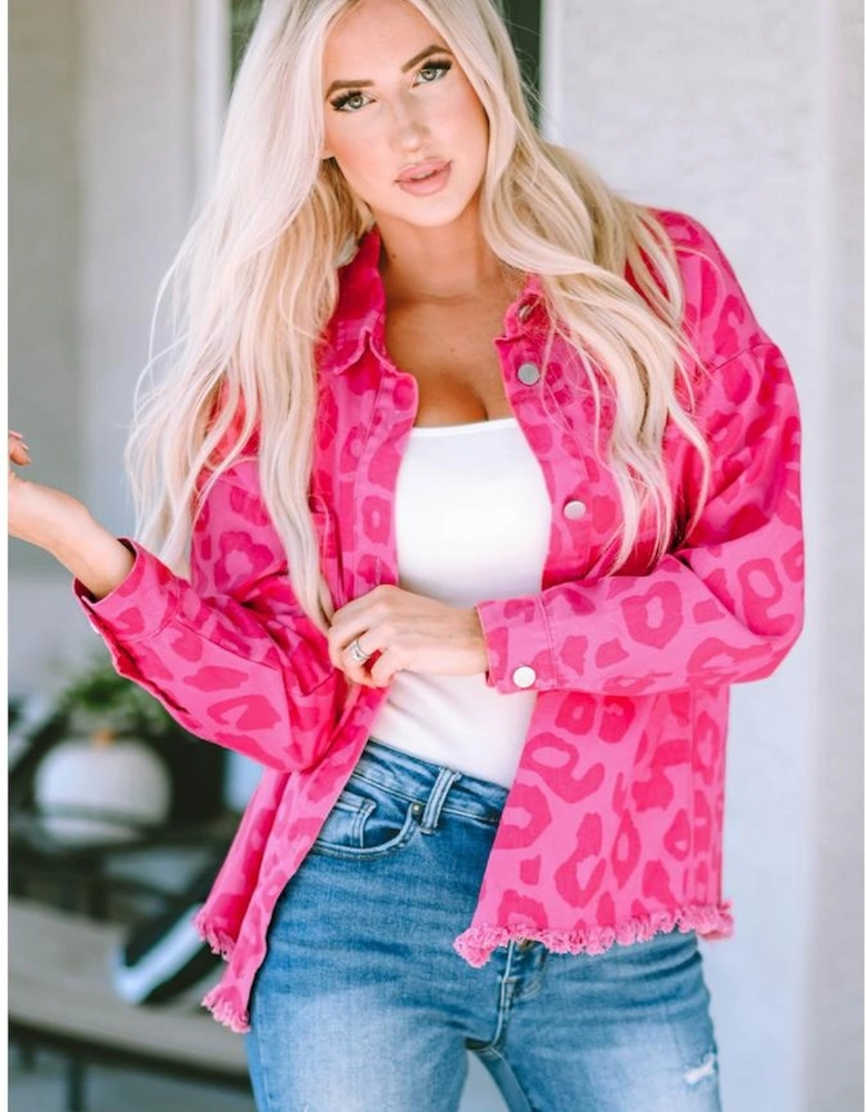 Pink Leopard Print Button Cuffs Raw Hem Jacket