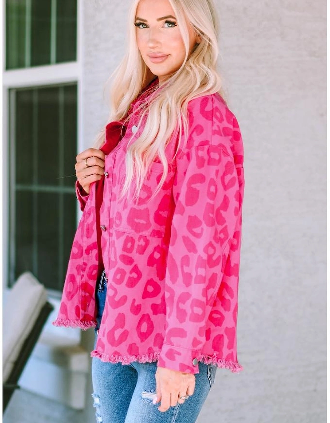 Pink Leopard Print Button Cuffs Raw Hem Jacket
