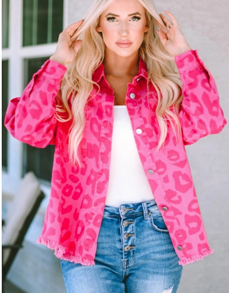 Pink Leopard Print Button Cuffs Raw Hem Jacket
