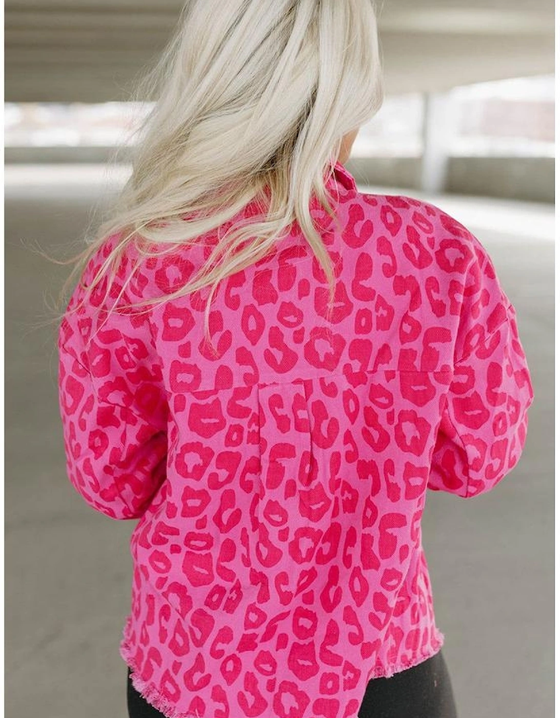 Pink Leopard Print Button Cuffs Raw Hem Jacket