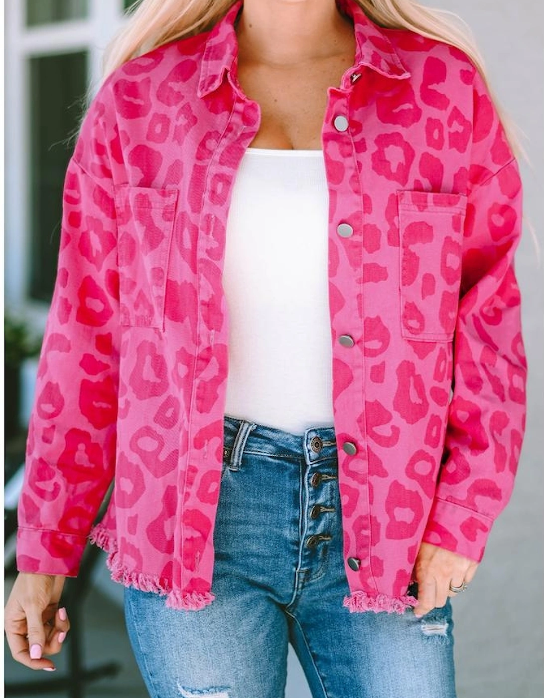 Pink Leopard Print Button Cuffs Raw Hem Jacket