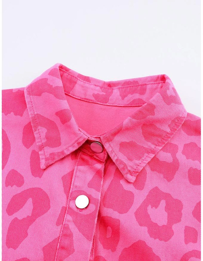 Pink Leopard Print Button Cuffs Raw Hem Jacket