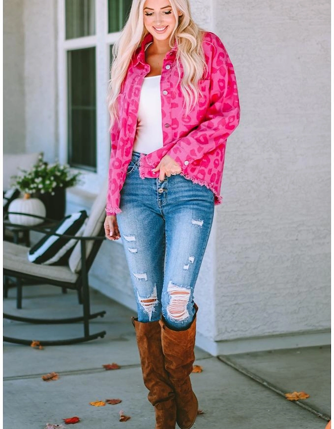 Pink Leopard Print Button Cuffs Raw Hem Jacket
