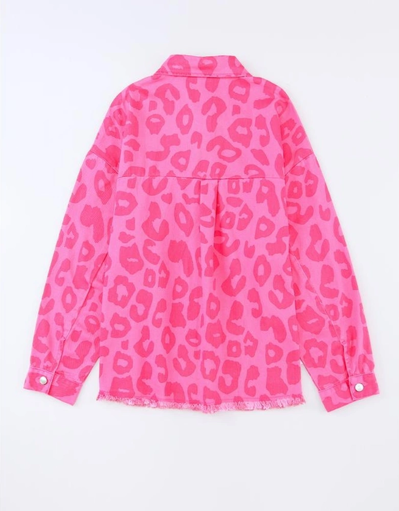 Pink Leopard Print Button Cuffs Raw Hem Jacket