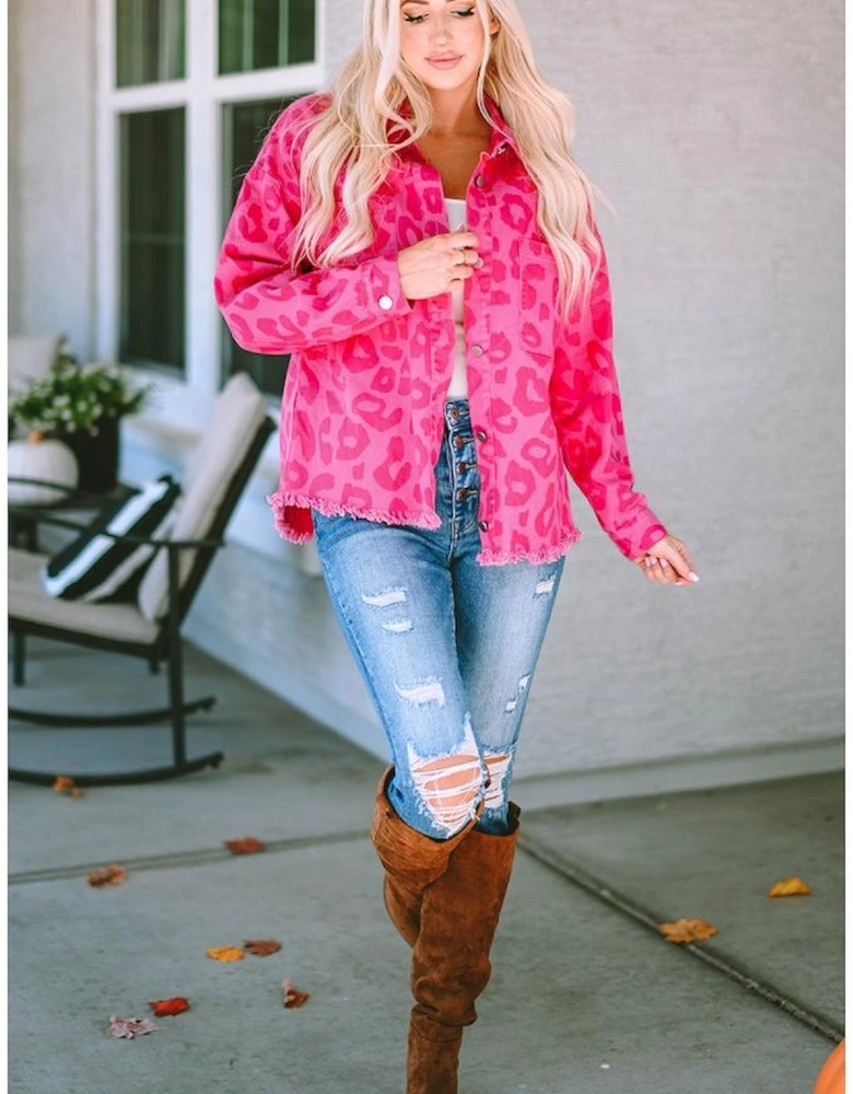 Pink Leopard Print Button Cuffs Raw Hem Jacket