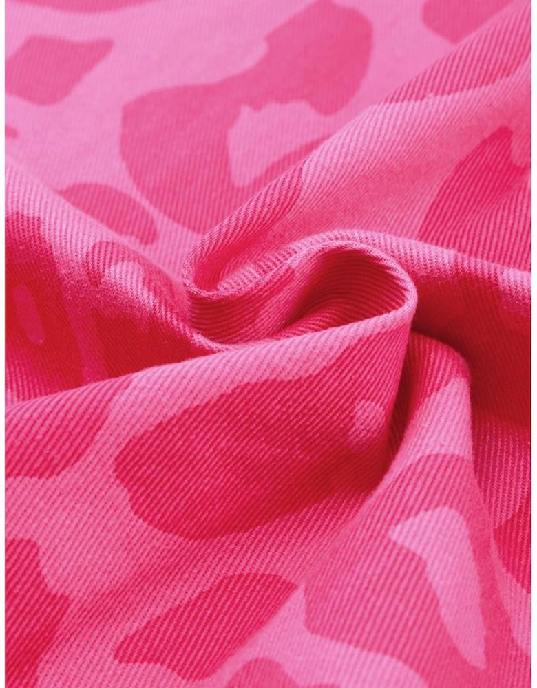 Pink Leopard Print Button Cuffs Raw Hem Jacket