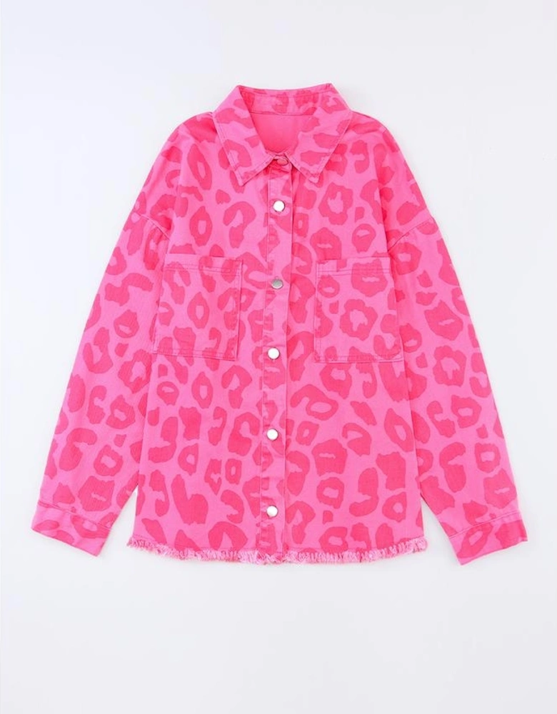 Pink Leopard Print Button Cuffs Raw Hem Jacket