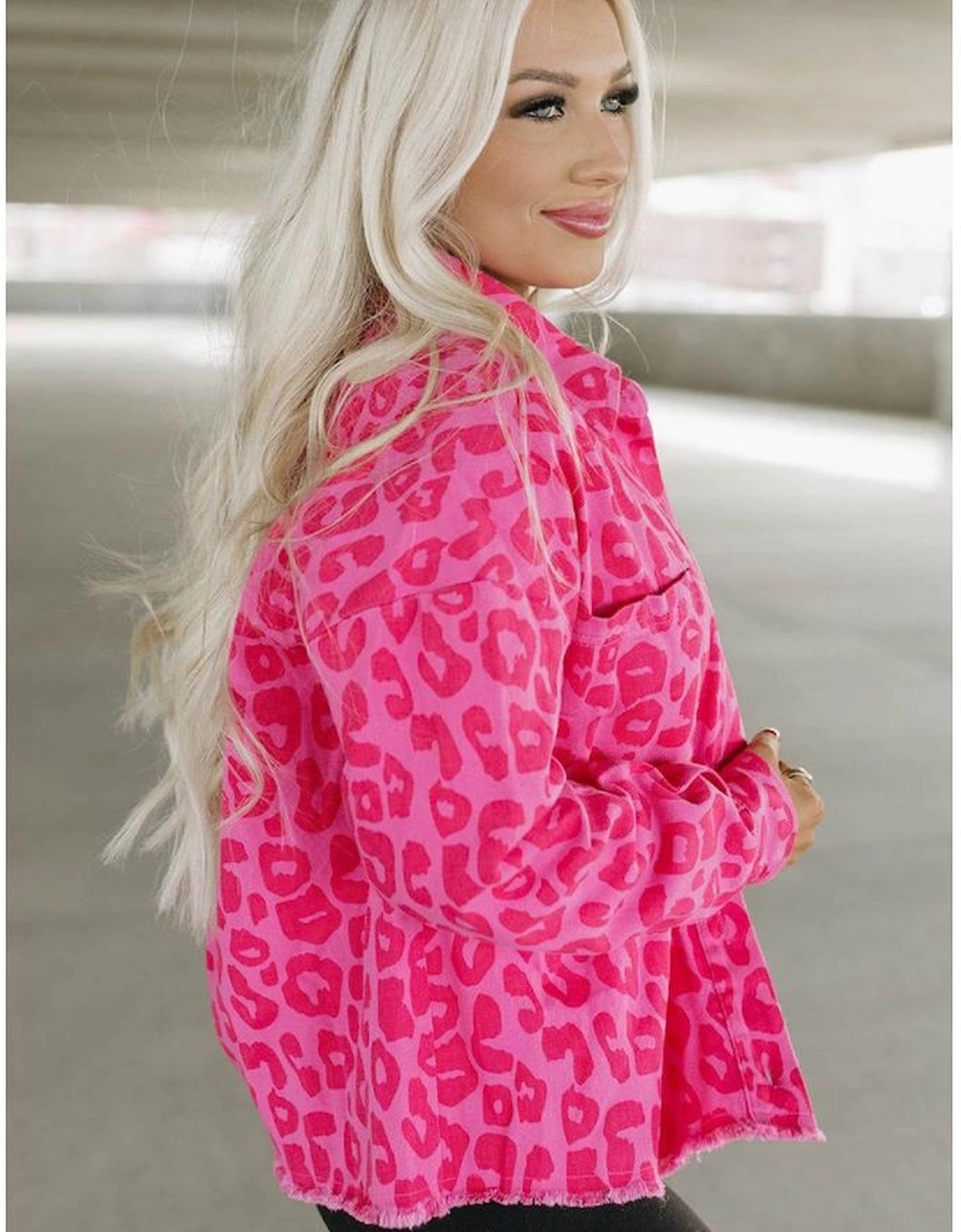 Pink Leopard Print Button Cuffs Raw Hem Jacket