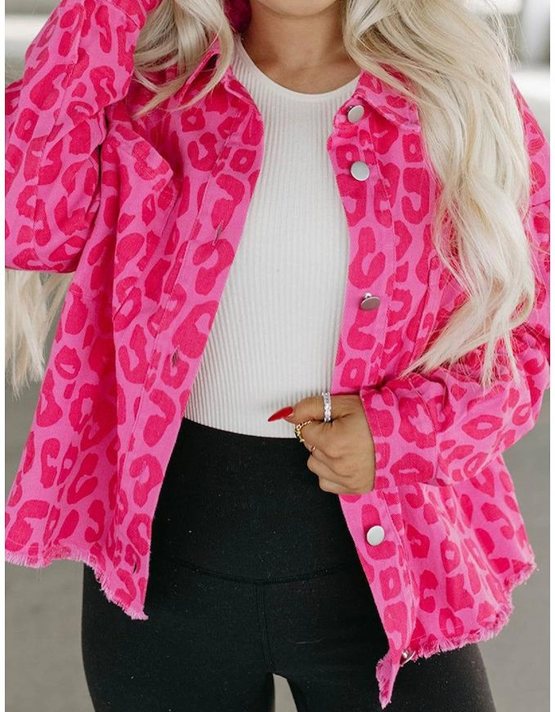 Pink Leopard Print Button Cuffs Raw Hem Jacket
