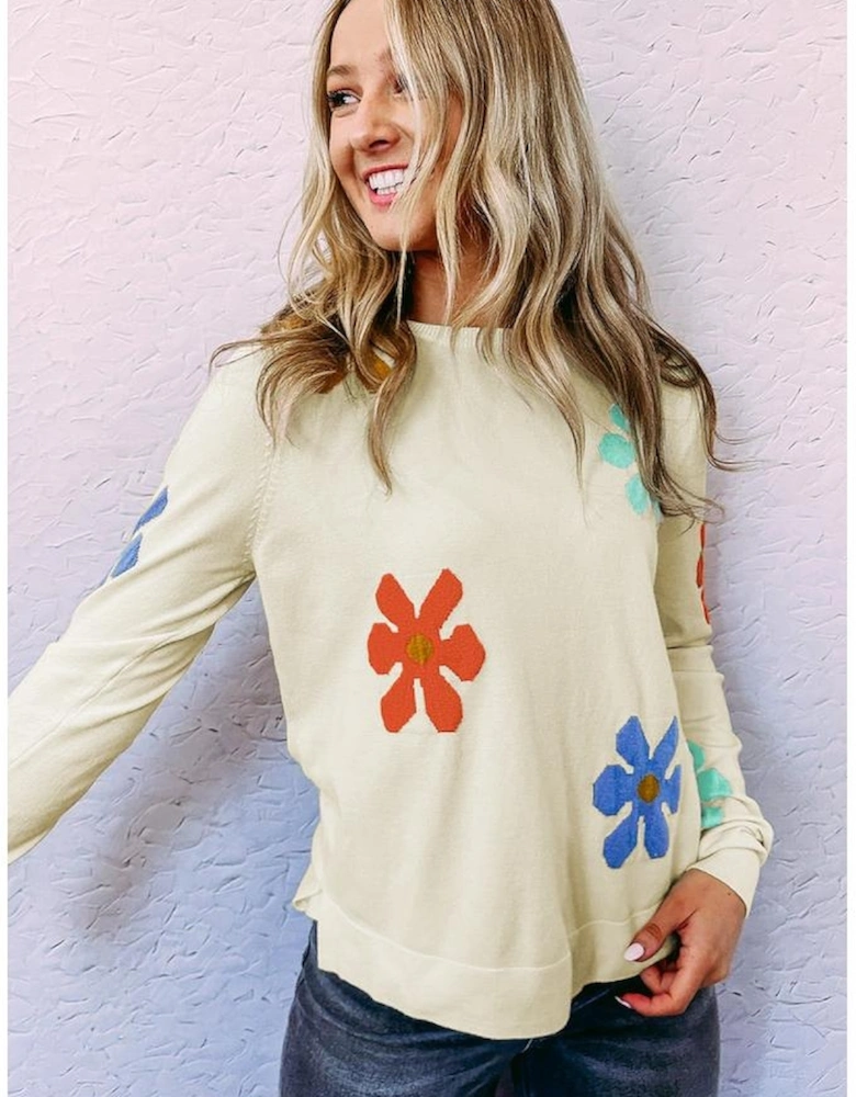 White Sweet Floral Pullover Sweater