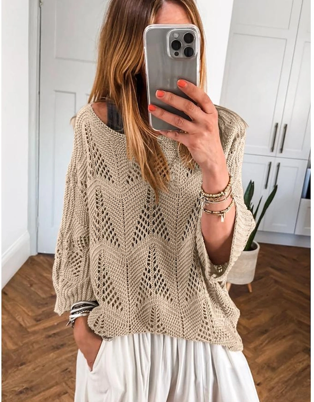 Parchment Hollow Out Knit 7/8 Sleeve Casual Sweater