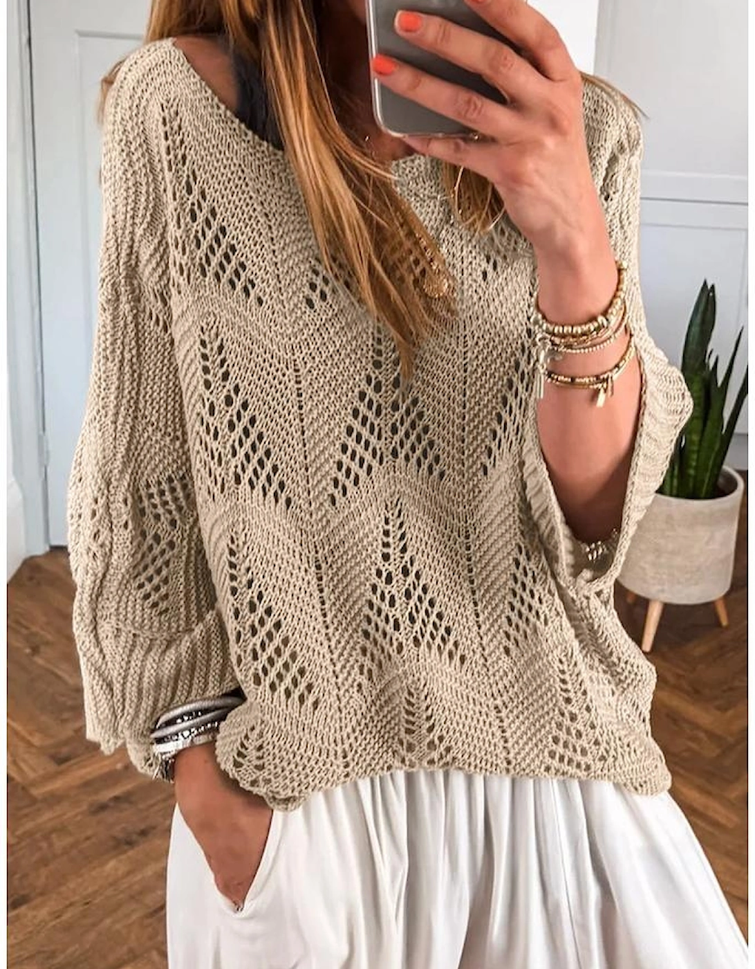 Parchment Hollow Out Knit 7/8 Sleeve Casual Sweater