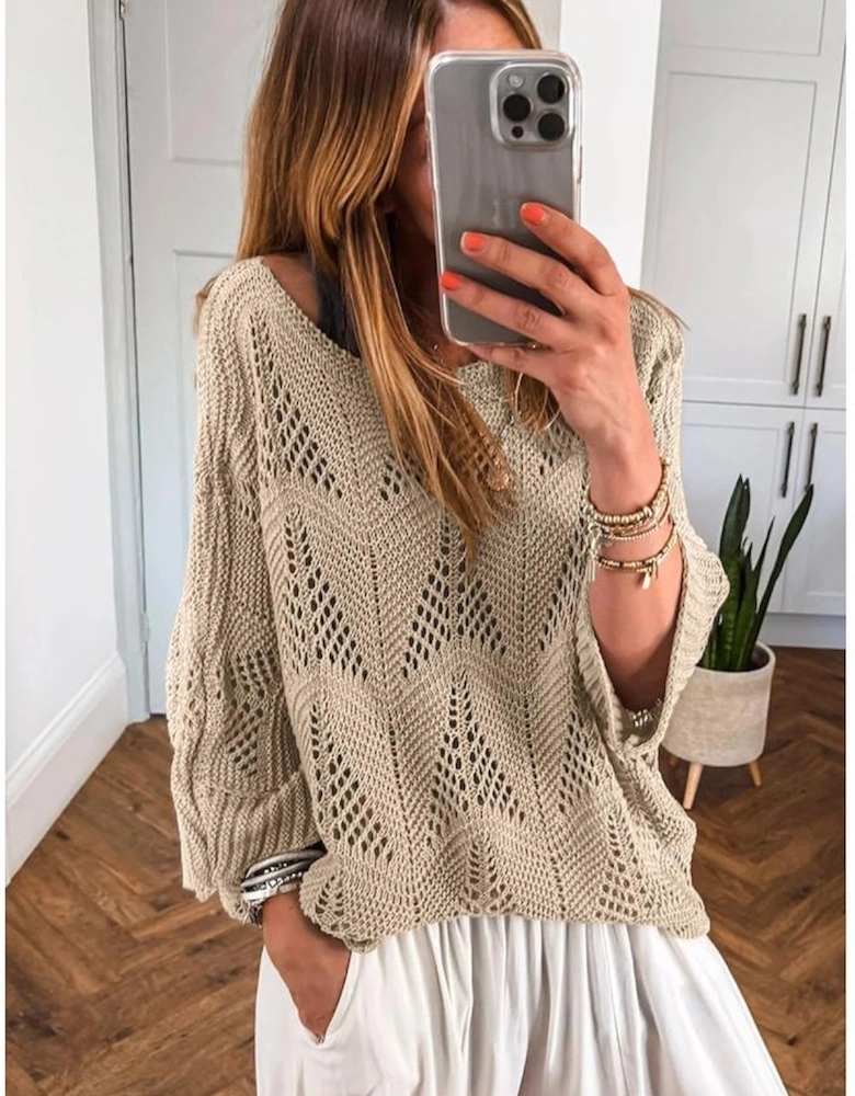 Parchment Hollow Out Knit 7/8 Sleeve Casual Sweater