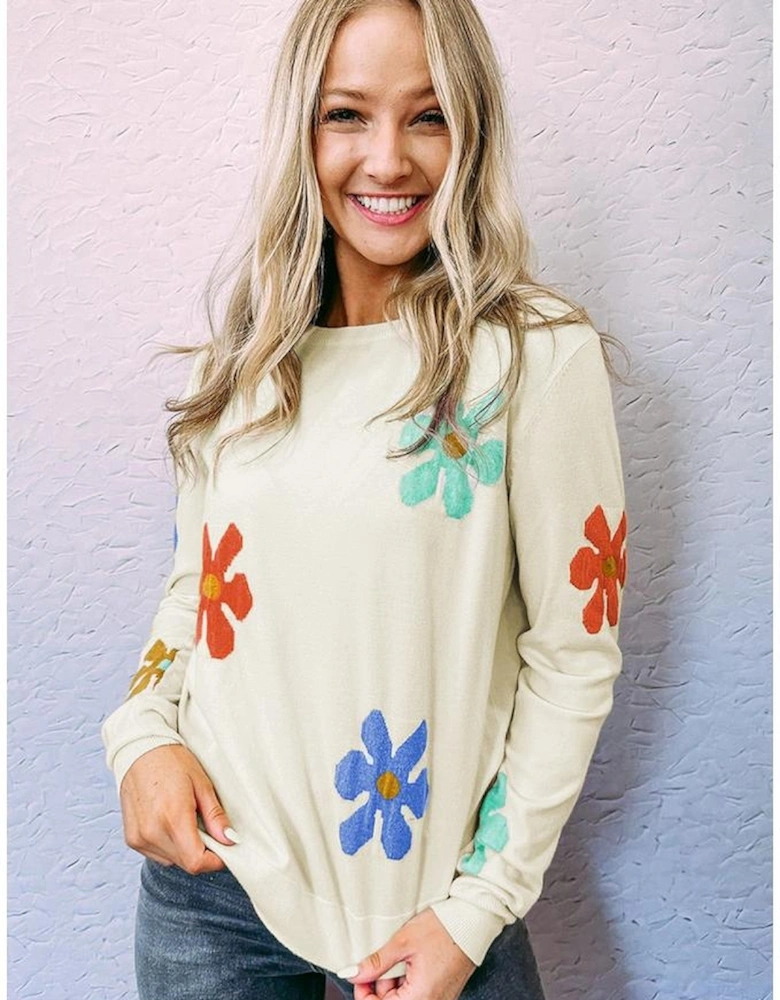 White Sweet Floral Pullover Sweater