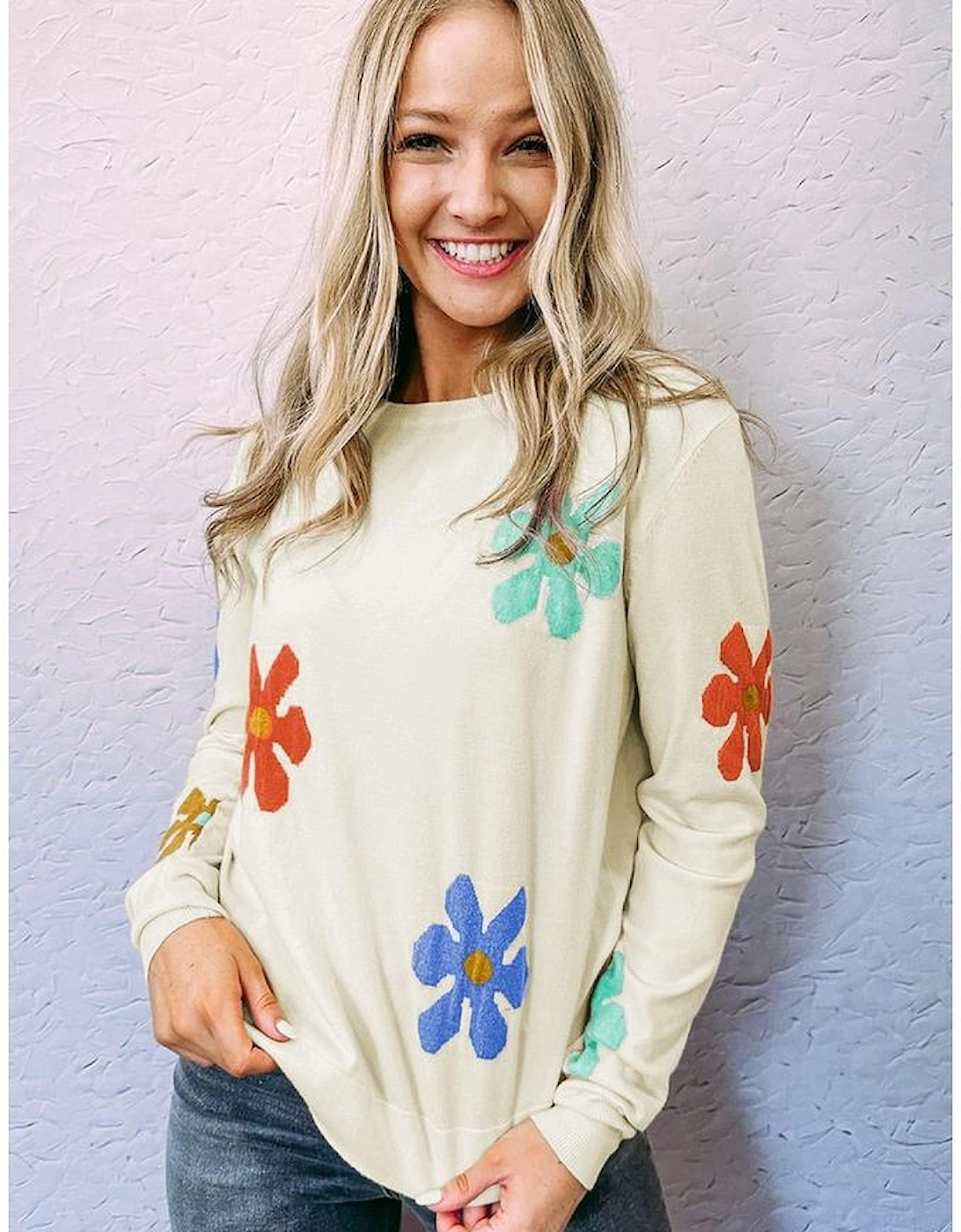 White Sweet Floral Pullover Sweater