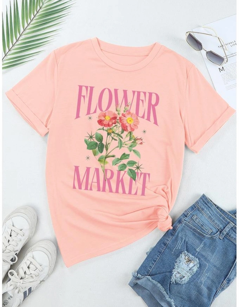 Pink FLOWER MARKET Graphic Crewneck T Shirt