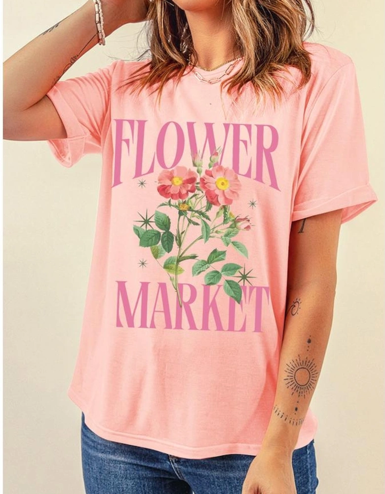 Pink FLOWER MARKET Graphic Crewneck T Shirt