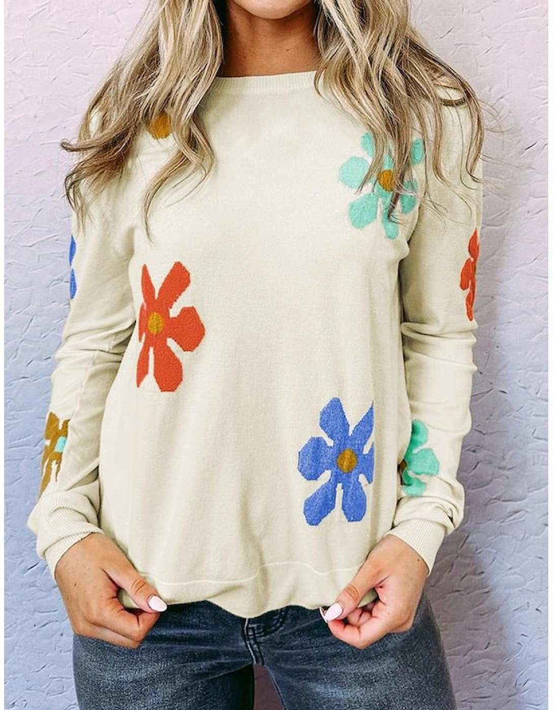 White Sweet Floral Pullover Sweater