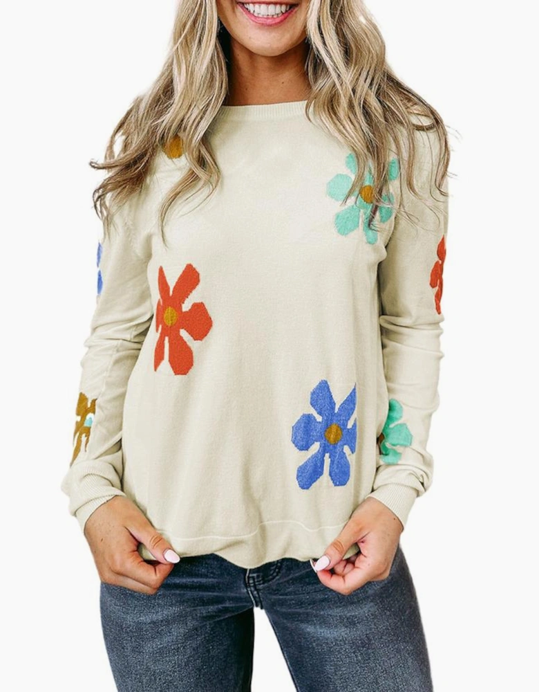 White Sweet Floral Pullover Sweater
