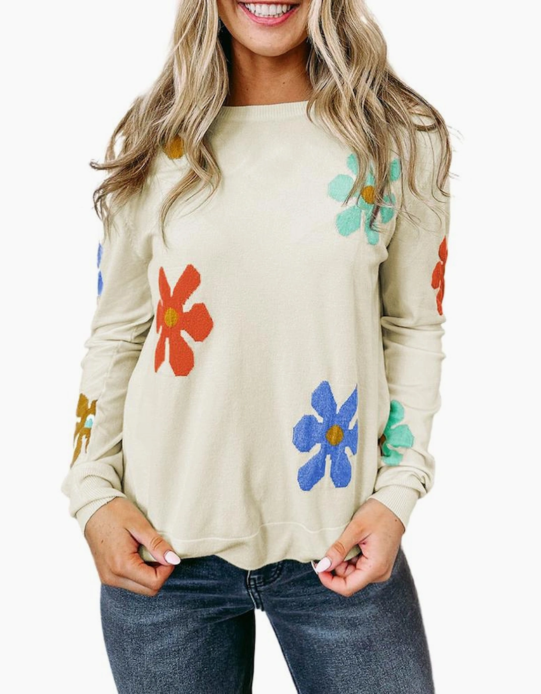 White Sweet Floral Pullover Sweater, 6 of 5