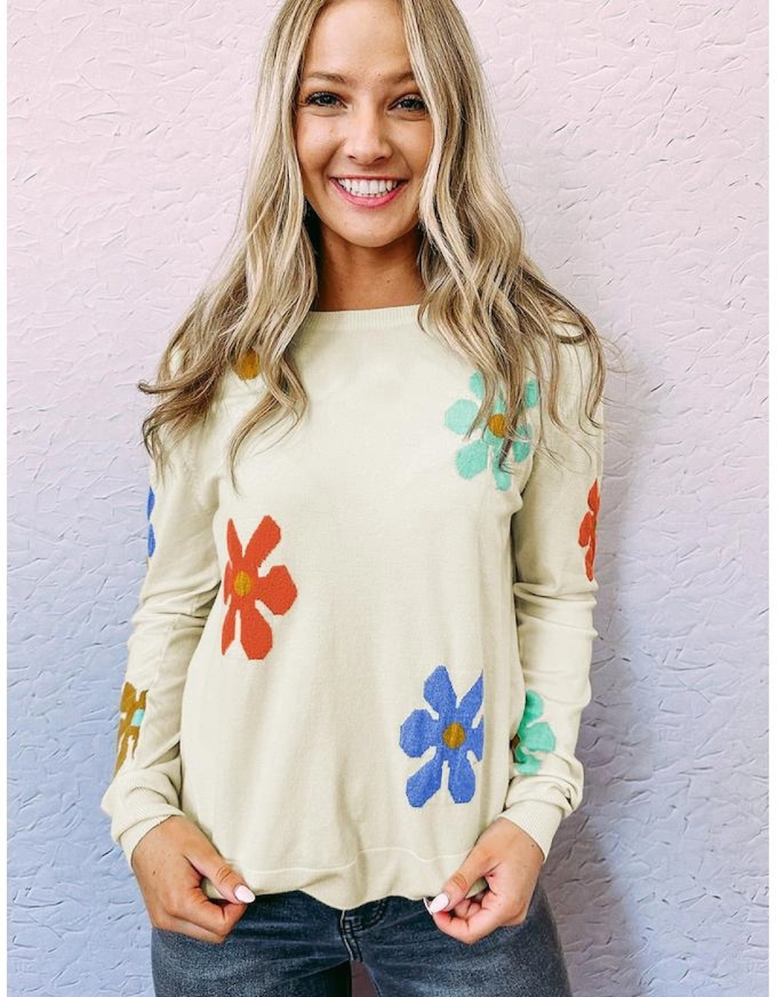 White Sweet Floral Pullover Sweater