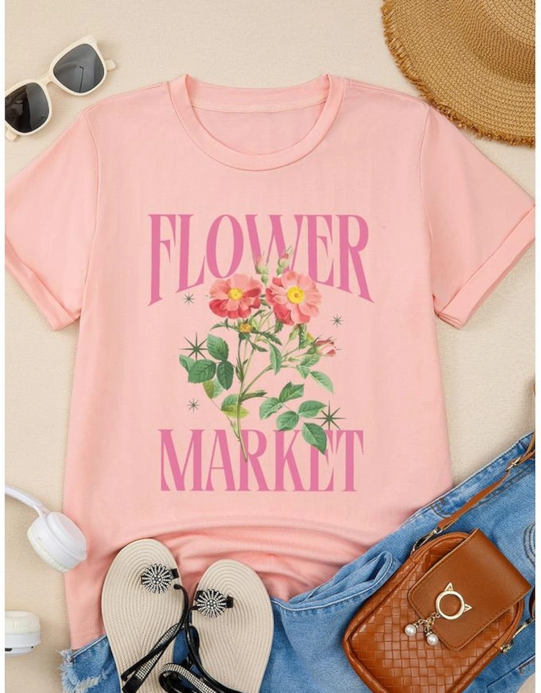 Pink FLOWER MARKET Graphic Crewneck T Shirt