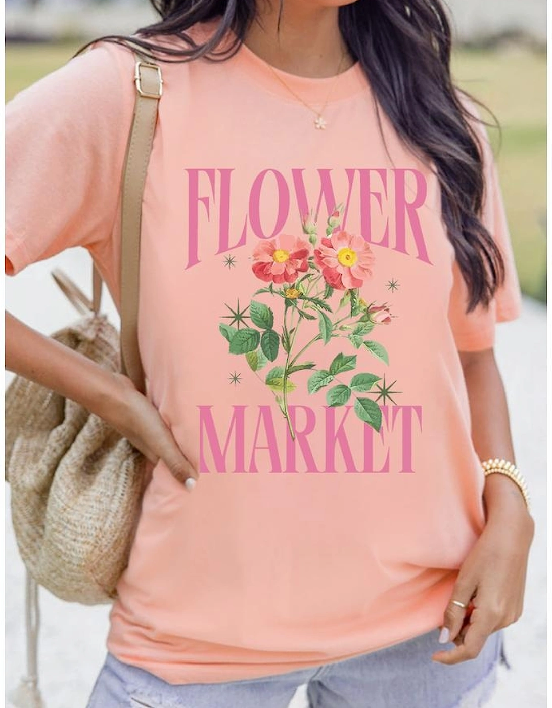 Pink FLOWER MARKET Graphic Crewneck T Shirt