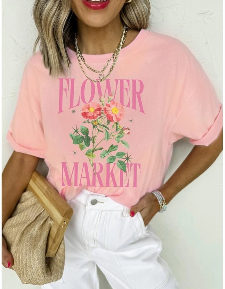 Pink FLOWER MARKET Graphic Crewneck T Shirt