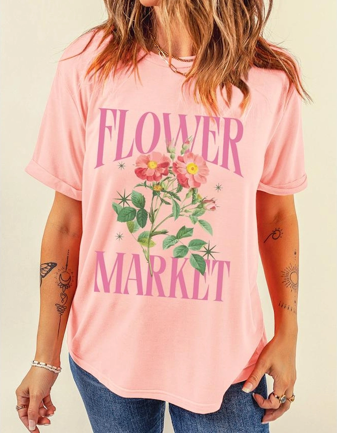 Pink FLOWER MARKET Graphic Crewneck T Shirt