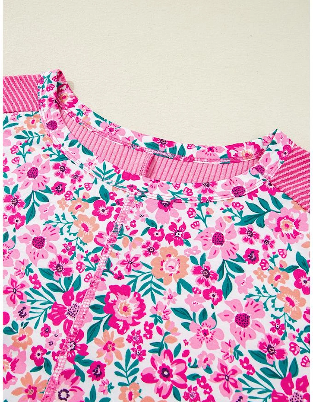 Pink Plus Size Floral Print Corded Patchwork Loose Top