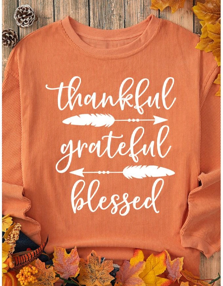 Orange thankful grateful blessed Arrow Graphic Corded Sweatshirt
