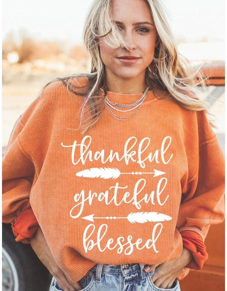 Orange thankful grateful blessed Arrow Graphic Corded Sweatshirt