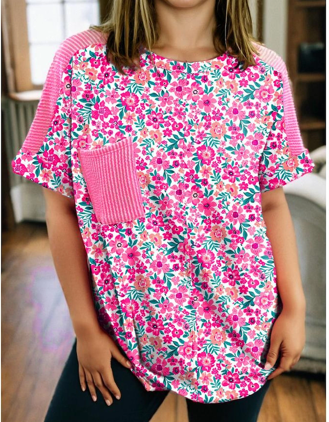 Pink Plus Size Floral Print Corded Patchwork Loose Top