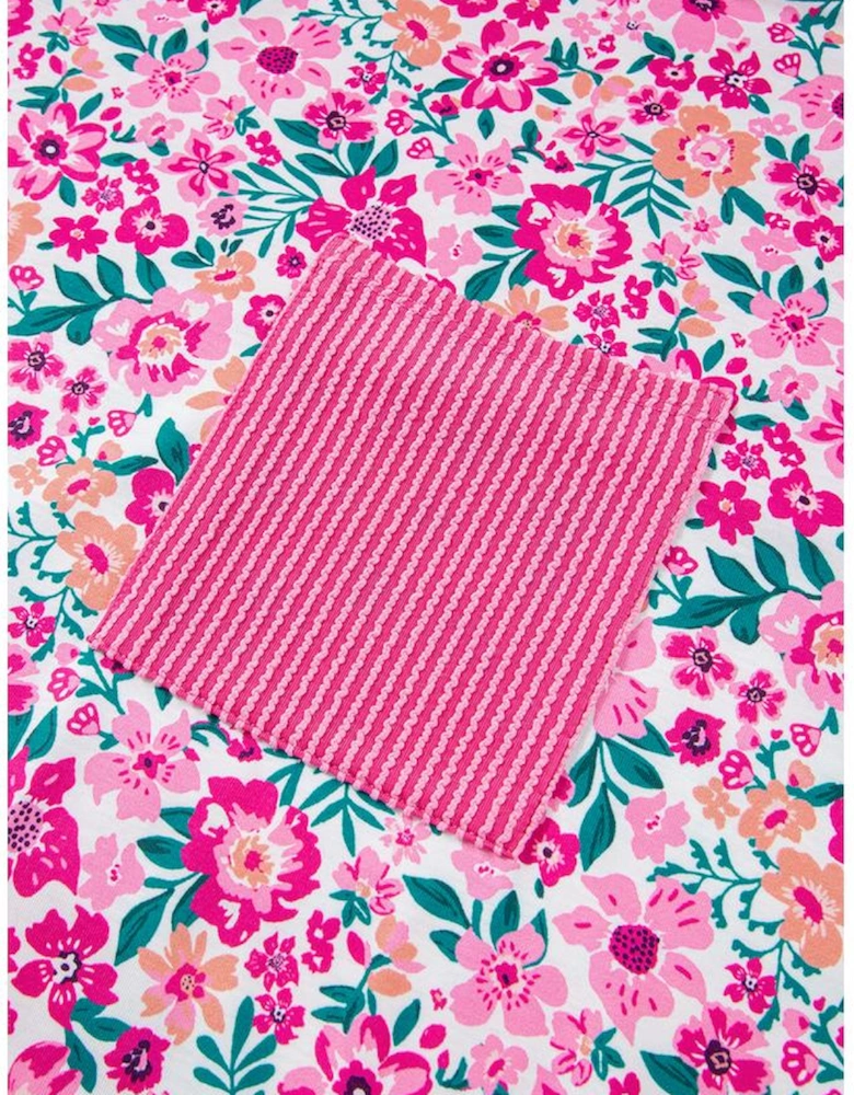 Pink Plus Size Floral Print Corded Patchwork Loose Top