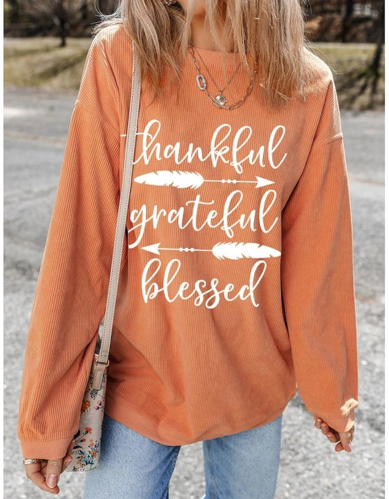 Orange thankful grateful blessed Arrow Graphic Corded Sweatshirt