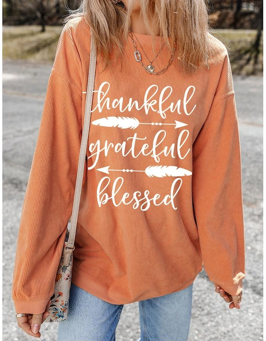 Orange thankful grateful blessed Arrow Graphic Corded Sweatshirt