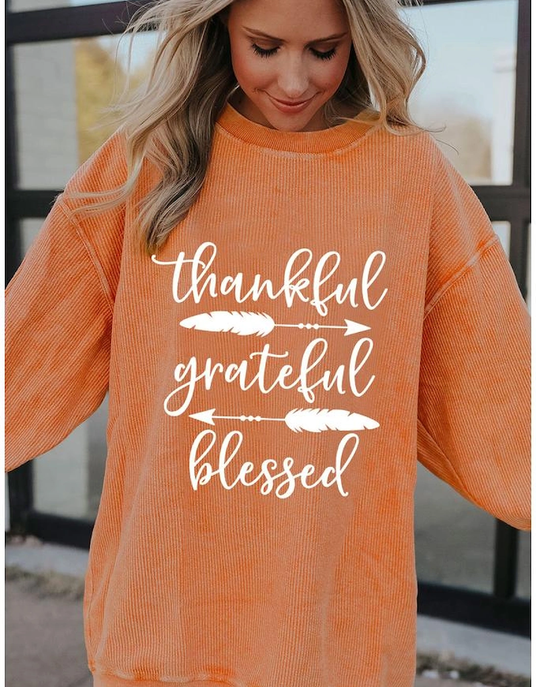 Orange thankful grateful blessed Arrow Graphic Corded Sweatshirt